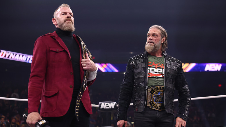 AEW World Tag Team Champions Christian Cage and Adam Copeland cut a promo in the ring  on "AEW Dynamite" following their victory at AEW Double or Nothing 2026.