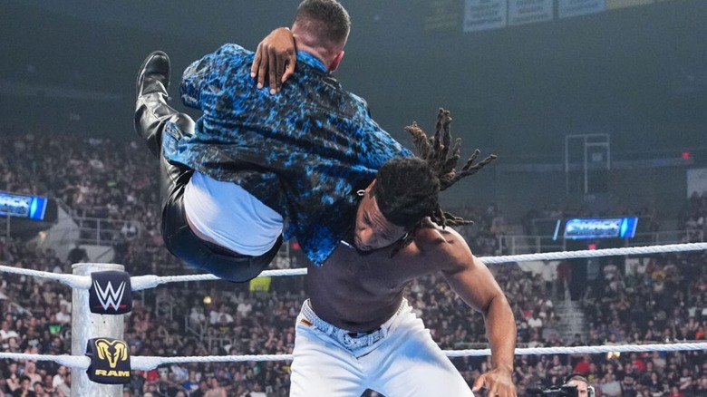 United States Champion Trick Williams delivers a Rock Bottom to Ricky Saints in the ring during an episode of "WWE SmackDown."