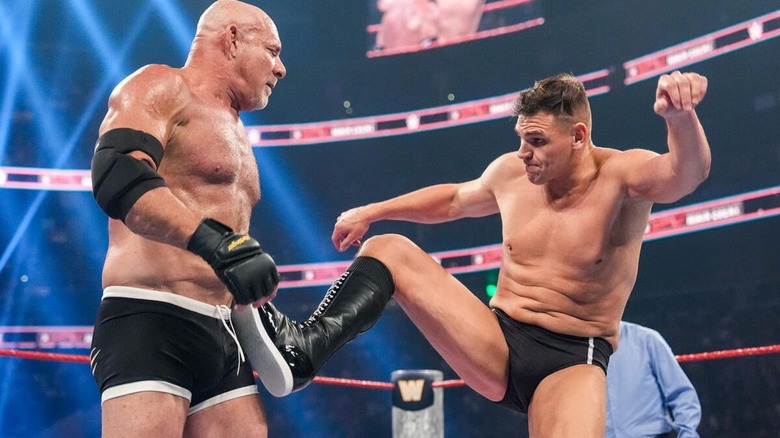 GUNTHER delivers a kick to Goldberg in the ring during their match at Saturday Night's Main Event in July 2025.