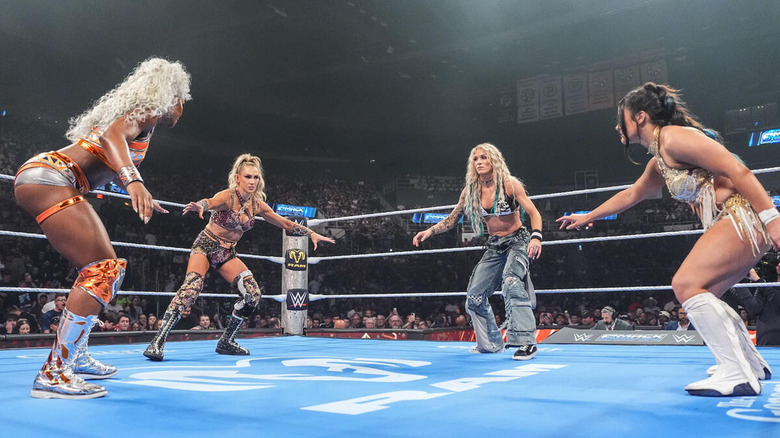 Jade Cargill, Charlotte Flair, Sol Ruca, and Lyra Valkyria prepare to wrestle on "WWE SmackDown"