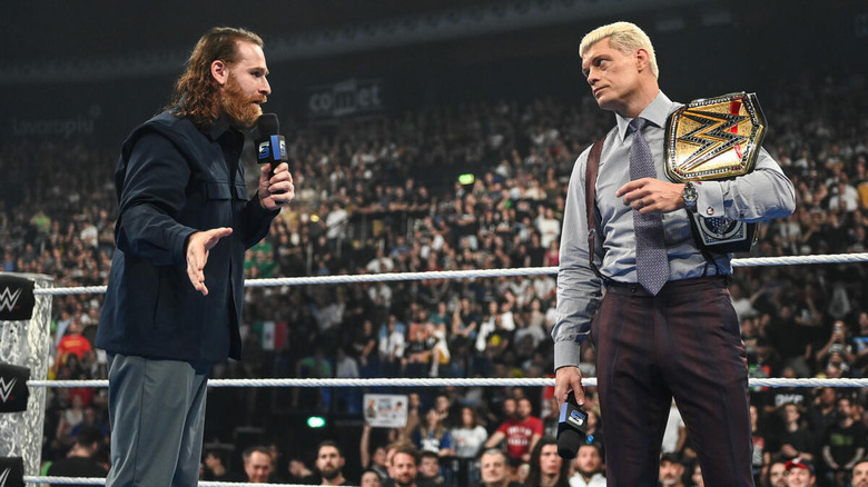 Sami Zayn speaking to Cody Rhodes in the ring on "WWE SmackDown"