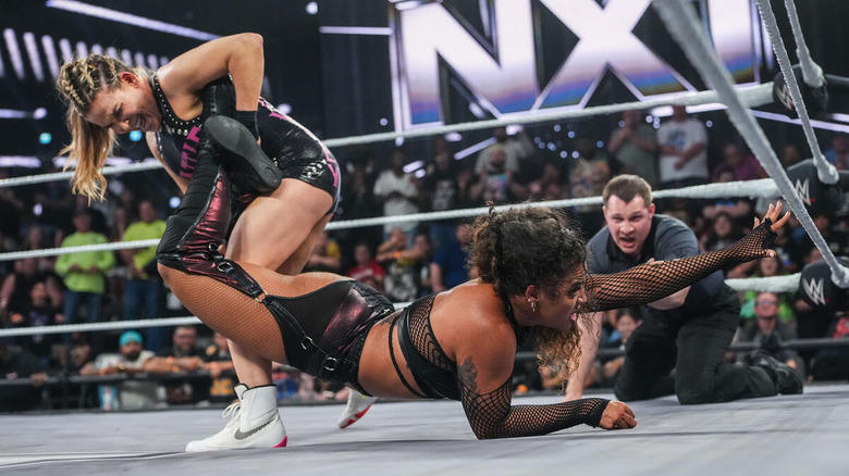 Nattie drags Jaida Parker away from the ropes while in the Sharpshooter on "WWE NXT"