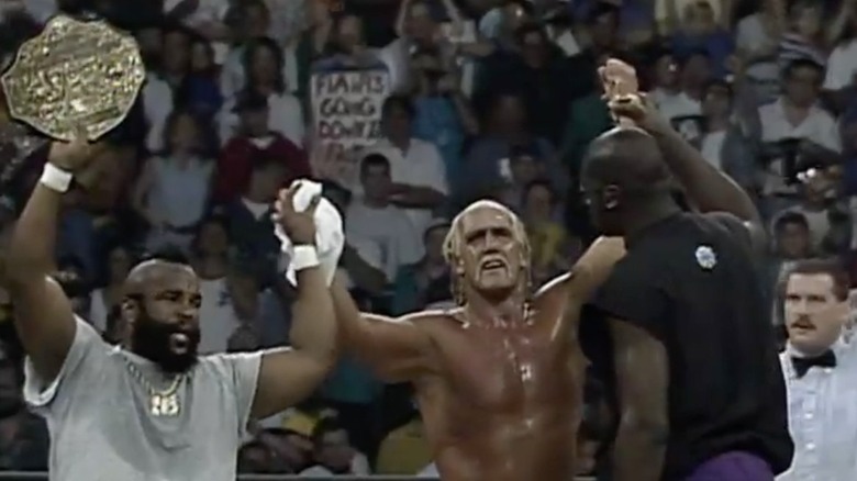 Hulk Hogan Mr T Shaq raise arms