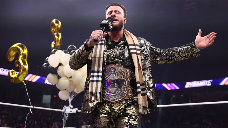 AEW World Champion MJF cuts a promo in the ring during his title celebration on the May 27, 2026 edition of "AEW Dynamite."