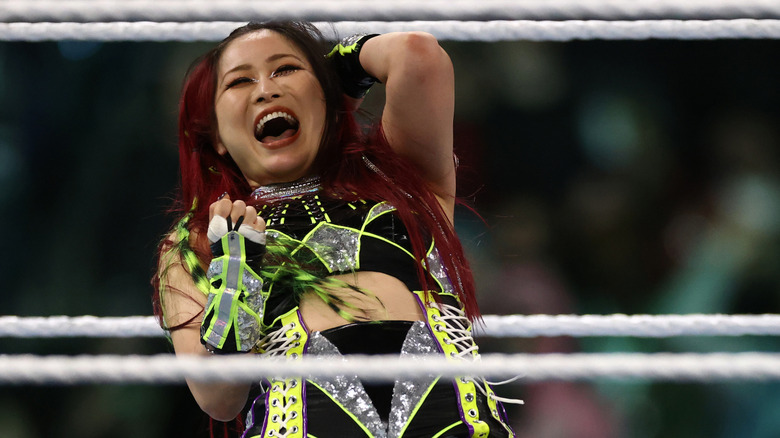 IYO SKY reacts against Bayley in a match for the WWE Women's Championship during Night Two at Lincoln Financial Field on April 07, 2024 in Philadelphia, Pennsylvania.