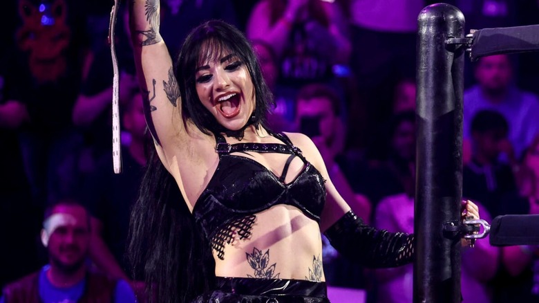 Women's North American Champion Tatum Paxley poses with the belt as she gets in the ring for a match during the May 19, 2026 episode of "WWE NXT."