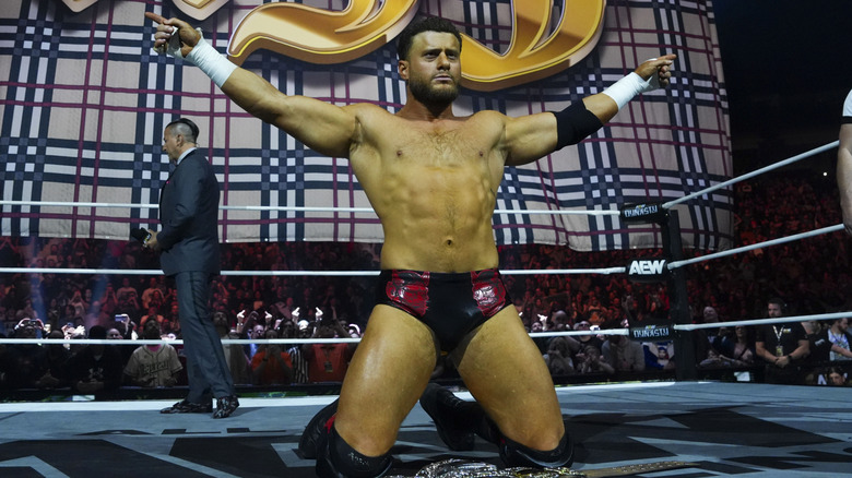 AEW World Champion MJF poses in the ring before his title match at AEW Dynasty 2026.