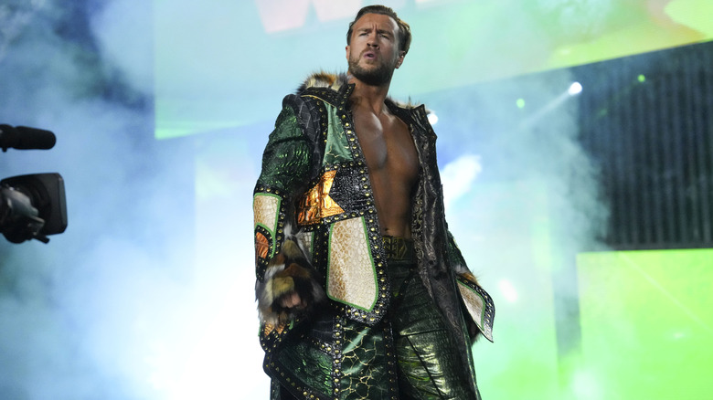 Will Ospreay stops on the stage and looks to the crowd during his entrance ahead of his match against Jon Moxley at AEW Dynasty 2026.