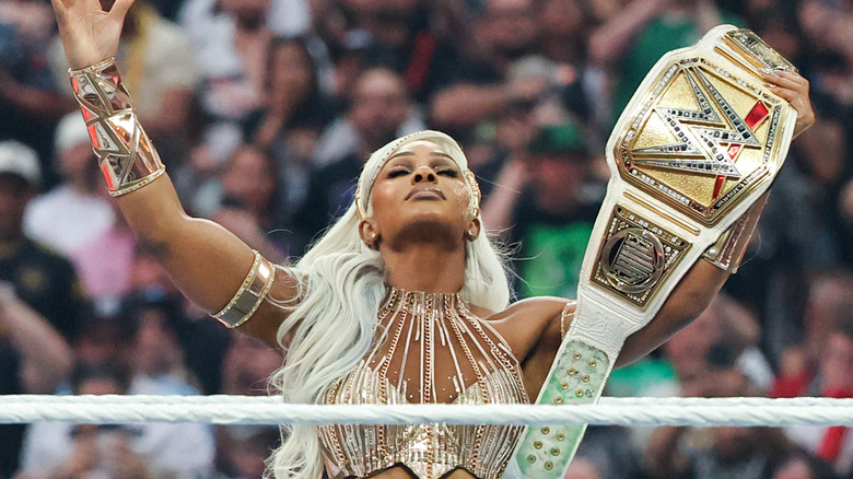 Jade Cargill is introduced before her match against Rhea Ripley for the WWE Women's Championship during WrestleMania 42 at Allegiant Stadium on April 19, 2026 in Las Vegas, Nevada.