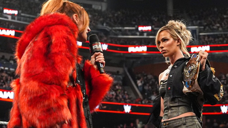 Becky Lynch confronting Maxinne Dupri during a promo segment on "RAW."