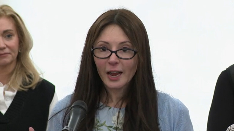 Janel Grant speaks at a Connecticut Alliance to End Sexual Violence briefing