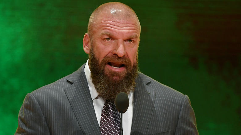 WWE Executive Vice President of Talent, Live Events and Creative Paul "Triple H" Levesque speaks at a WWE news conference at T-Mobile Arena on October 11, 2019 in Las Vegas, Nevada. It was announced that WWE wrestler Braun Strowman will face heavyweight boxer Tyson Fury and WWE champion Brock Lesnar will take on former UFC heavyweight champion Cain Velasquez at the WWE's Crown Jewel event at Fahd International Stadium in Riyadh, Saudi Arabia on October 31.