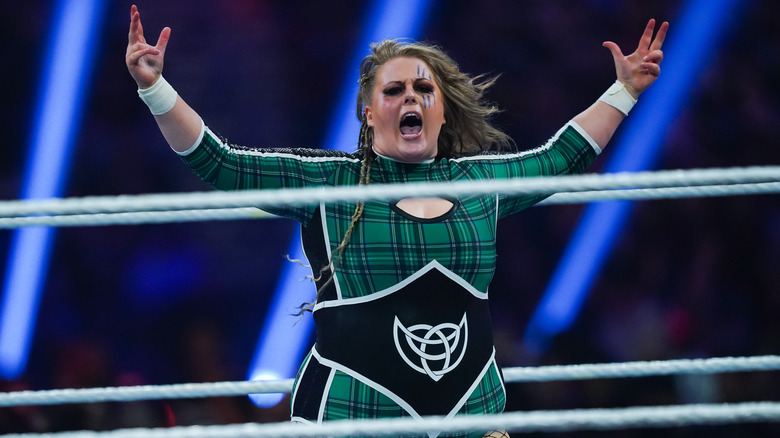 Piper Niven reacts during the WWE Royal Rumble at the Alamodome on January 28, 2023 in San Antonio, Texas.