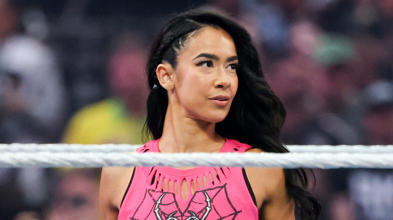 AJ Lee waits for the start of the Women's Intercontinental Championship match against Becky Lynch during WrestleMania 42