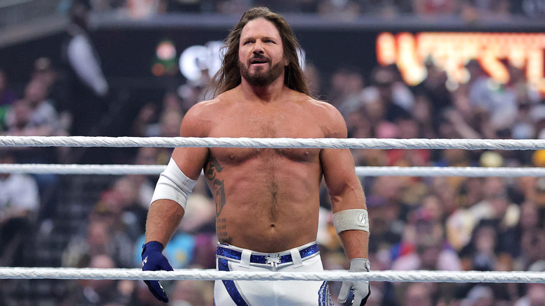 AJ Styles reacts in the ring during his match against Logan Paul during WrestleMania 41 at Allegiant Stadium on April 20, 2025 in Las Vegas, Nevada