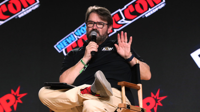 Tony Schiavone speaks onstage during the All Elite Wrestling Invades New York Comic Con panel during Day 3 of New York Comic Con 2021 at Jacob Javits Center on October 09, 2021 in New York City.