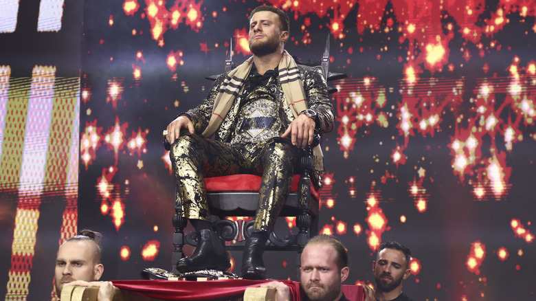 AEW World Champion MJF is carried down to the ring during an episode of "AEW Dynamite" after he won the title for a third time at AEW Double or Nothing.