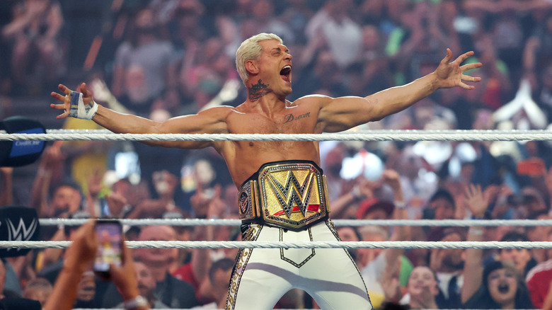 Cody Rhodes is introduced before his match against Randy Orton for the Undisputed WWE Championship during WrestleMania 42 at Allegiant Stadium on April 18, 2026 in Las Vegas, Nevada.