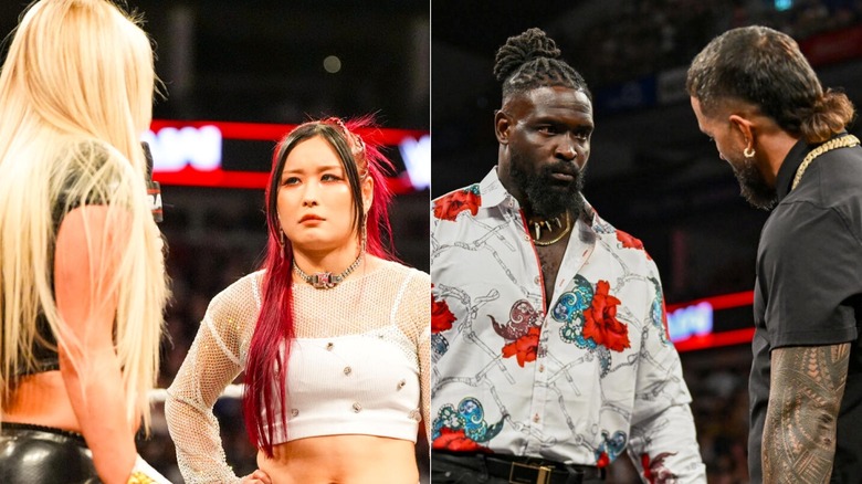 [Left] Liv Morgan confronts Iyo Sky [Right] Oba Femi confronts Jey Uso