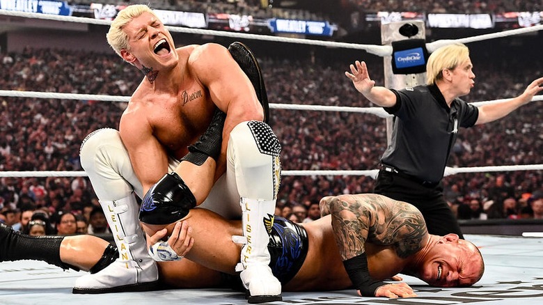 Cody Rhodes locking Randy Orton into a Single-Legged Boston Crab during their WrestleMania 42 clash.