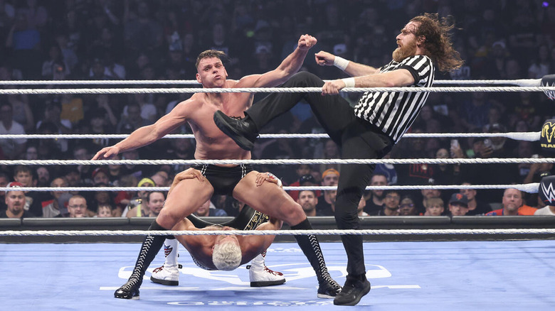 GUNTHER gets kicked by Sami Zayn while wrestling Cody Rhodes on "WWE SmackDown"