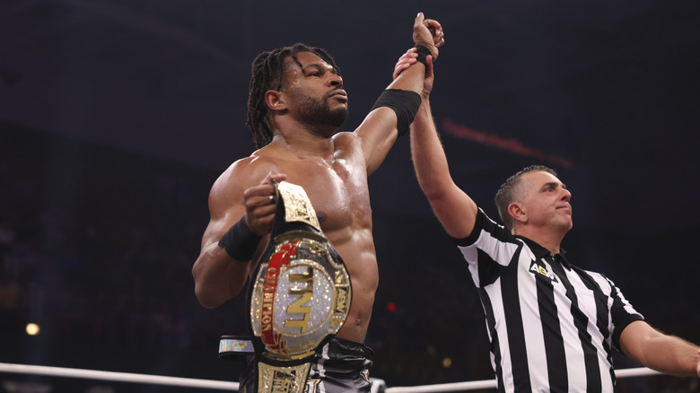 A referee holds up the arm of TNT Champion Kevin Knight after a successful defend on the May 13, 2026 edition of "AEW Dynamite."
