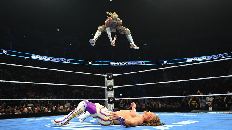Rey Fenix flies high above a fallen Nathan Frazer on "WWE SmackDown"