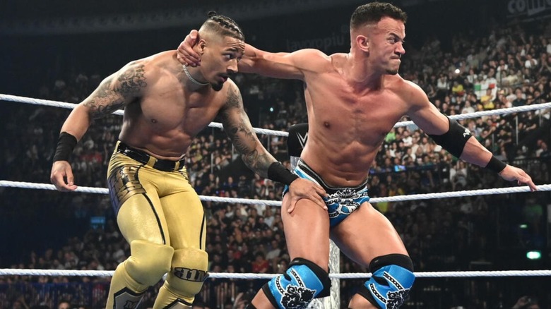 Ricky Saints looks to throw Carmelo Hayes into the corner during their match on the June 6, 2026 edition of "WWE SmackDown."