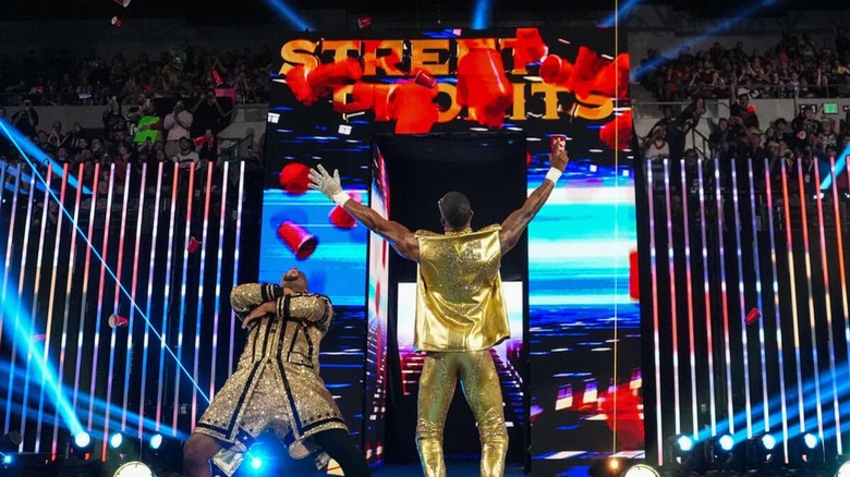 The Street Profits pose on the stage during their entrance before their match for the World Tag Team Championships at Saturday Night's Main Event in May 2026.
