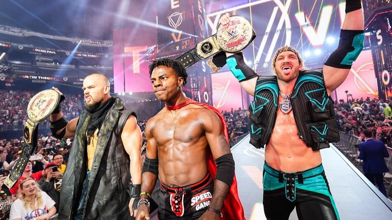 The WWE World Tag Team Champions (Austin Theory and Logan Paul), alongside online streamer IShowSpeed, live it up on the WrestleMania 42 entrance ramp