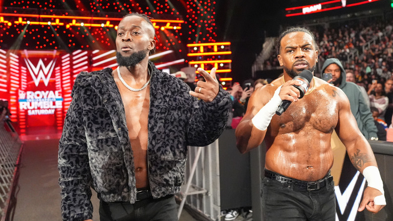 Kofi Kingston and Xavier Woods make their way to the ring during WWE Monday Night RAW at State Farm Arena on January 27, 2025 in Atlanta, Georgia.